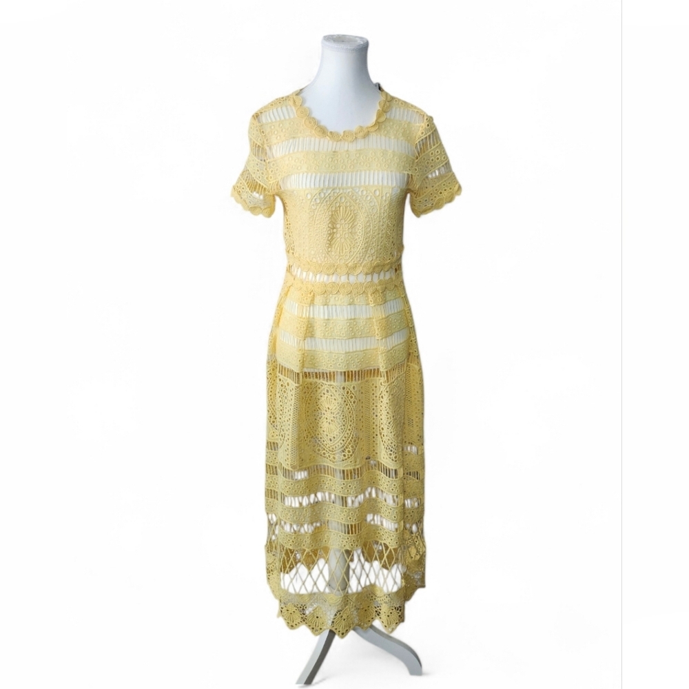 Han Queen Crochet Dress Yellow M Lace Midi Coquette Short Sleeve Women's NWT